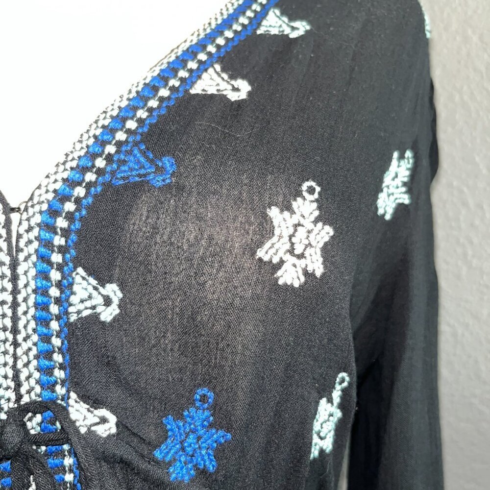 FP FREE PEOPLE STAR GAZER BLACK & BLUE LONG SLEEVE EMBROIDERED DRESS - EUC -  XS - Picture 5 of 14